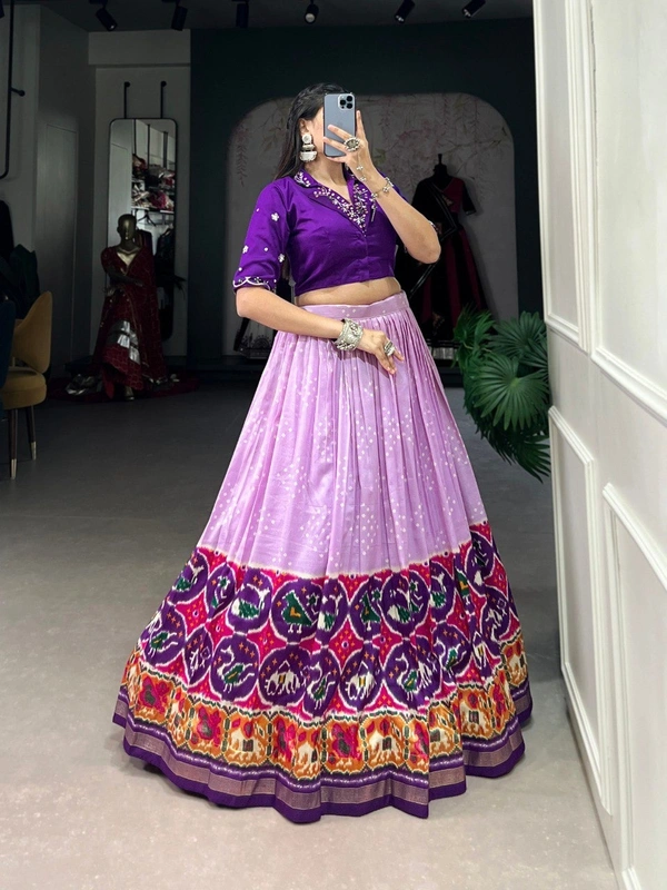 Azorte Fashion Tussar Silk Co-ord Set with Bandhej Patola Print Lehenga & Mirror Work Blouse - Stitched, Stitched