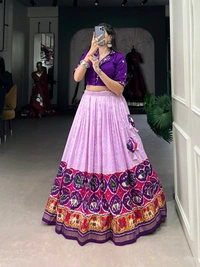 Azorte Fashion Tussar Silk Co-ord Set with Bandhej Patola Print Lehenga & Mirror Work Blouse - Stitched, Stitched