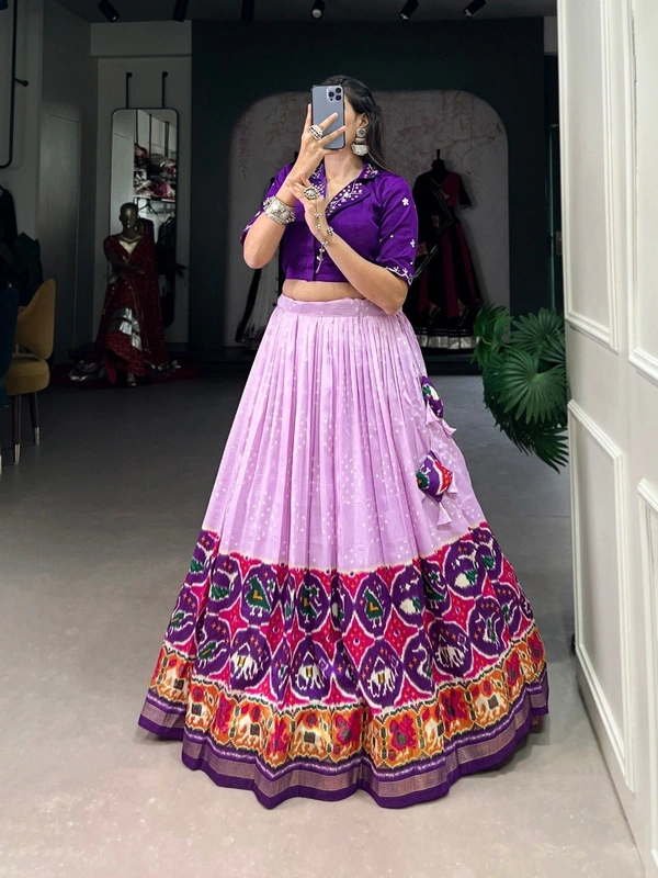 Azorte Fashion Tussar Silk Co-ord Set with Bandhej Patola Print Lehenga & Mirror Work Blouse - Stitched, Stitched