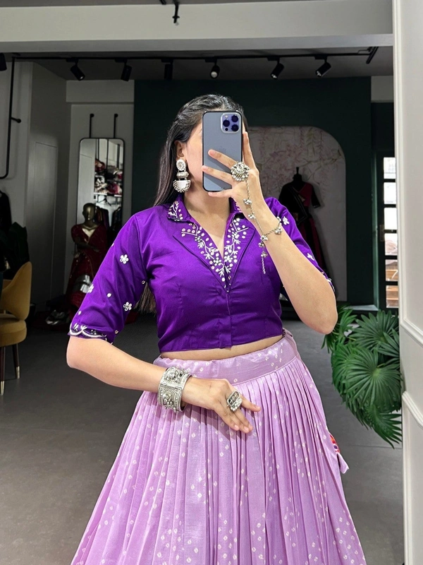 Azorte Fashion Tussar Silk Co-ord Set with Bandhej Patola Print Lehenga & Mirror Work Blouse - Stitched, Stitched