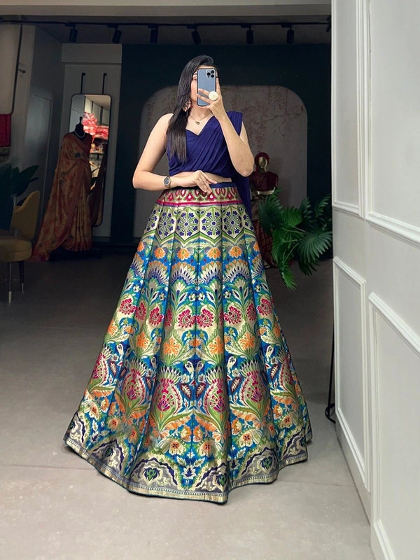 Azorte Fashion Banarasi Silk Lehenga Choli with Zari Weaving & Georgette Blouse and Dupatta - BUT, Semi Stitched, Stitched