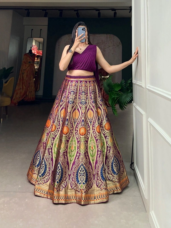 Azorte Fashion Banarasi Silk Lehenga Choli with Zari Weaving & Georgette Blouse and Dupatta - LOU, Semi Stitched, Stitched
