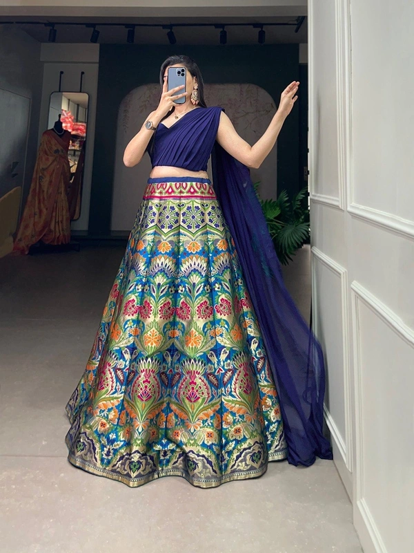 Azorte Fashion Banarasi Silk Lehenga Choli with Zari Weaving & Georgette Blouse and Dupatta - BUT, Semi Stitched, Stitched