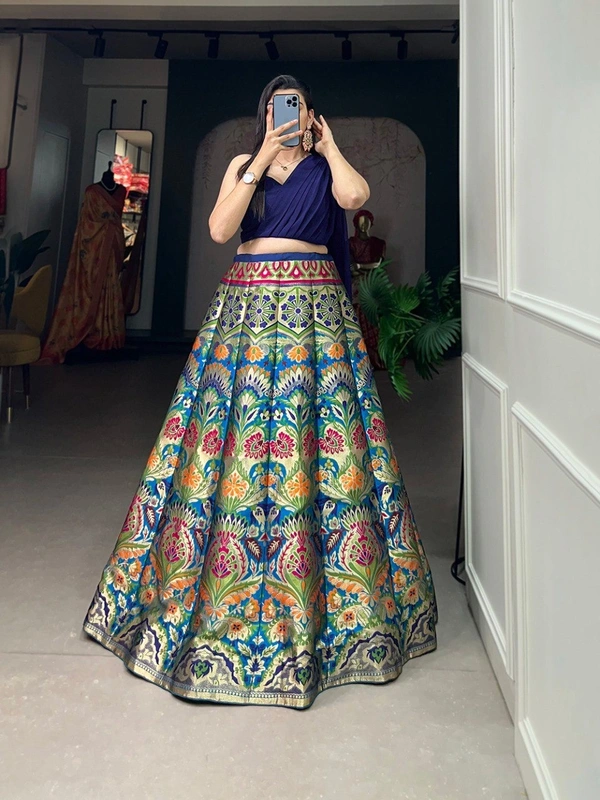 Azorte Fashion Banarasi Silk Lehenga Choli with Zari Weaving & Georgette Blouse and Dupatta - BUT, Semi Stitched, Stitched