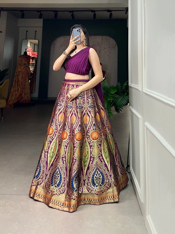 Azorte Fashion Banarasi Silk Lehenga Choli with Zari Weaving & Georgette Blouse and Dupatta - LOU, Semi Stitched, Stitched