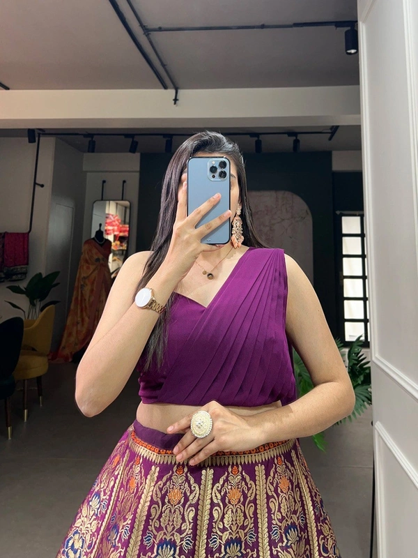Azorte Fashion Banarasi Silk Lehenga Choli with Zari Weaving & Georgette Blouse and Dupatta - LOU, Semi Stitched, Stitched