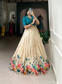 Azorte Fashion  Tussar Floral Co-ord Lehenga Set with Hand Mirror Work Blouse - Stitched, Stitched