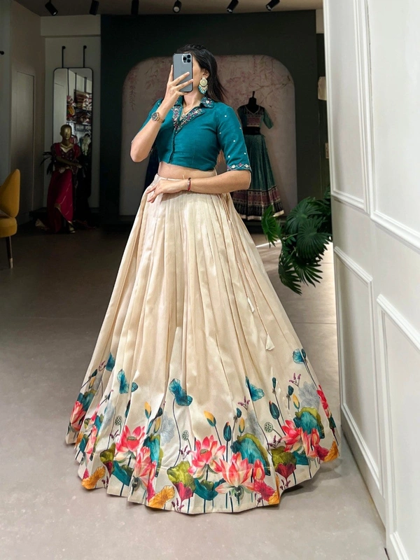 Azorte Fashion  Tussar Floral Co-ord Lehenga Set with Hand Mirror Work Blouse - Stitched, Stitched