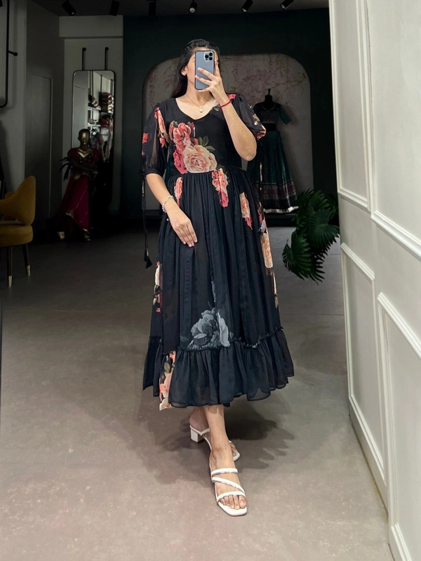 Azorte Fashion  Georgette Floral Print Frock with 8 Meter Flair – Summer Ethnic Wear - SHK, Chest: 40" (Adjustable up to 42" with 2" inner margin)