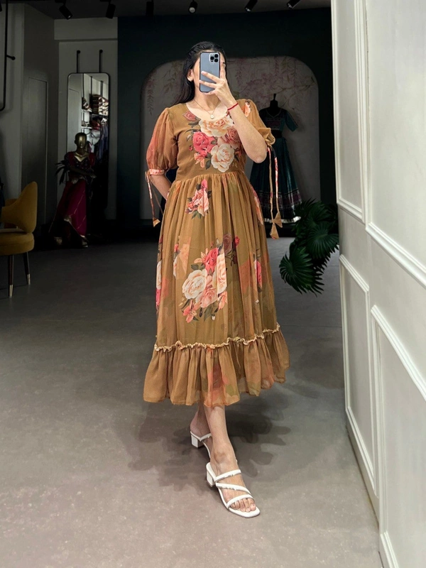 Azorte Fashion  Georgette Floral Print Frock with 8 Meter Flair – Summer Ethnic Wear - CLY, Chest: 40" (Adjustable up to 42" with 2" inner margin)