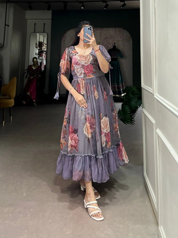 Azorte Fashion  Georgette Floral Print Frock with 8 Meter Flair – Summer Ethnic Wear - GRY, Chest: 40" (Adjustable up to 42" with 2" inner margin)