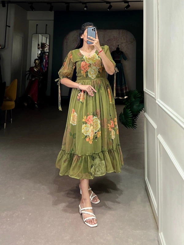 Azorte Fashion  Georgette Floral Print Frock with 8 Meter Flair – Summer Ethnic Wear - SDW, Chest: 40" (Adjustable up to 42" with 2" inner margin)