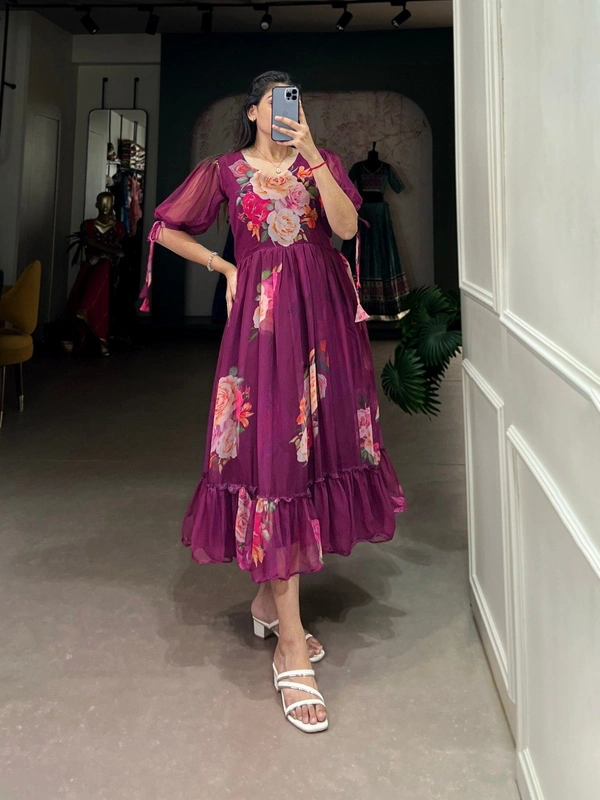 Azorte Fashion  Georgette Floral Print Frock with 8 Meter Flair – Summer Ethnic Wear - TAWY, Chest: 40" (Adjustable up to 42" with 2" inner margin)