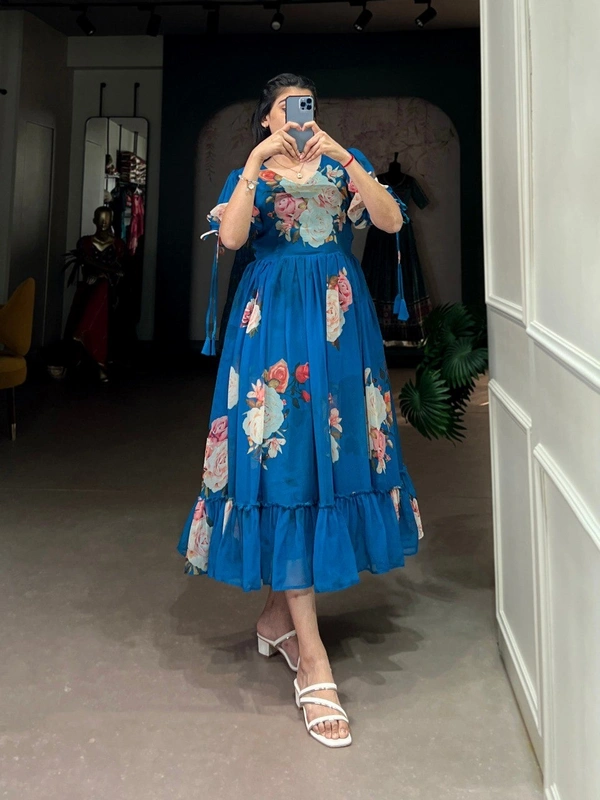 Azorte Fashion  Georgette Floral Print Frock with 8 Meter Flair – Summer Ethnic Wear - BLU, Chest: 40" (Adjustable up to 42" with 2" inner margin)