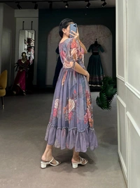 Azorte Fashion  Georgette Floral Print Frock with 8 Meter Flair – Summer Ethnic Wear - GRY, Chest: 40" (Adjustable up to 42" with 2" inner margin)