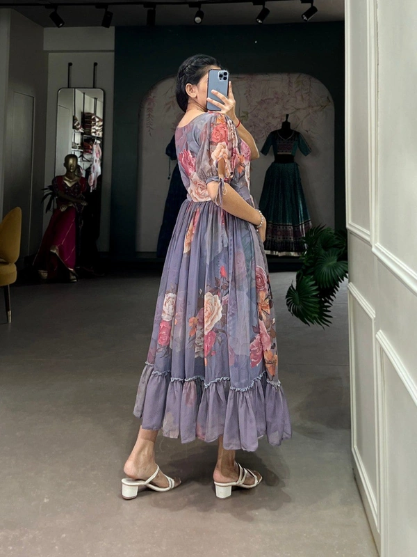 Azorte Fashion  Georgette Floral Print Frock with 8 Meter Flair – Summer Ethnic Wear - GRY, Chest: 40" (Adjustable up to 42" with 2" inner margin)