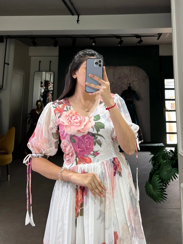 Azorte Fashion  Georgette Floral Print Frock with 8 Meter Flair – Summer Ethnic Wear - WHT, Chest: 40" (Adjustable up to 42" with 2" inner margin)