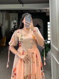 Azorte Fashion  Georgette Floral Print Frock with 8 Meter Flair – Summer Ethnic Wear - PNK, Chest: 40" (Adjustable up to 42" with 2" inner margin)