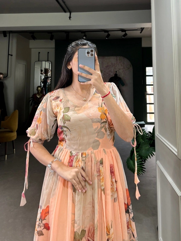 Azorte Fashion  Georgette Floral Print Frock with 8 Meter Flair – Summer Ethnic Wear - PNK, Chest: 40" (Adjustable up to 42" with 2" inner margin)