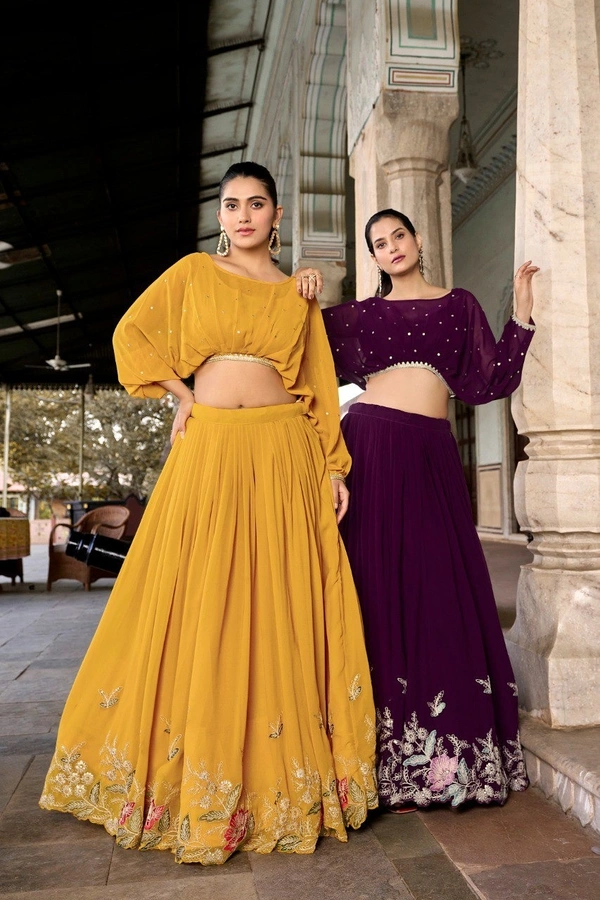 Azorte Fashion Georgette Embroidered Co-ord Set with Sequins Detailing – Lehenga with Crop Top - Fire Bush, Stitched, Stitched