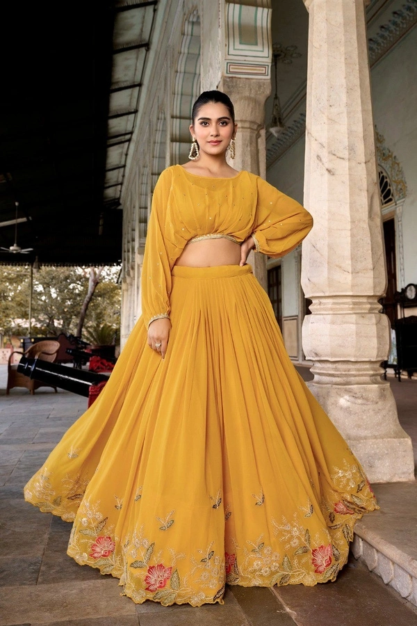 Azorte Fashion Georgette Embroidered Co-ord Set with Sequins Detailing – Lehenga with Crop Top - Fire Bush, Stitched, Stitched