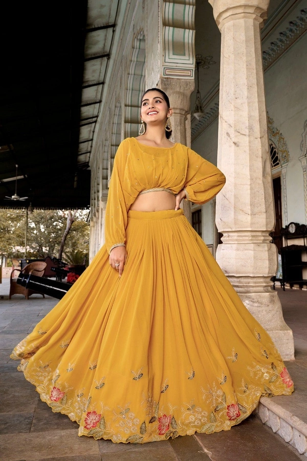 Azorte Fashion Georgette Embroidered Co-ord Set with Sequins Detailing – Lehenga with Crop Top - Fire Bush, Stitched, Stitched
