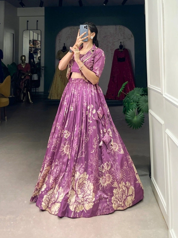 Azorte Fashion Tussar Silk Co-ord Set with Floral Print & Lace Koti – Festive Wear - HUS, Stitched, Stitched