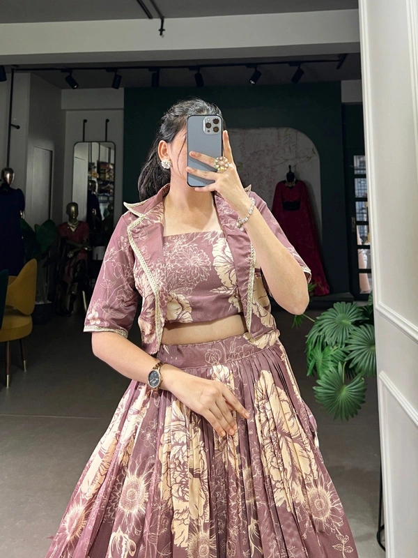 Azorte Fashion Tussar Silk Co-ord Set with Floral Print & Lace Koti – Festive Wear - CSE, Stitched, Stitched
