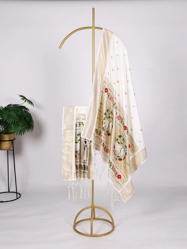 Azorte Fashion Jacquard Paithani Dupatta with Weaving Zari Work & Tassels - WHT