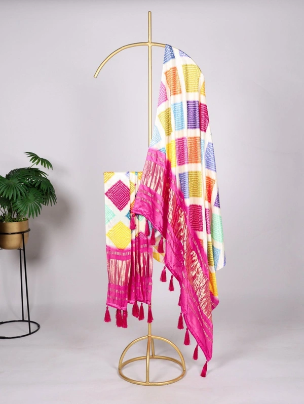 Azorte Fashion Bandhej Print Pure Gaji Silk Dupatta with Tassels - LIN