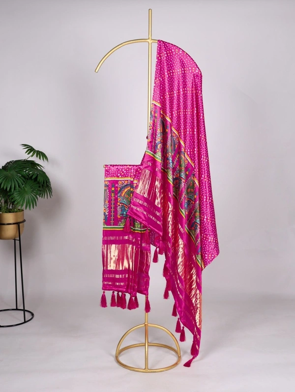 Azorte Fashion Bandhej Print Pure Gaji Silk Dupatta with Tassels - ROS
