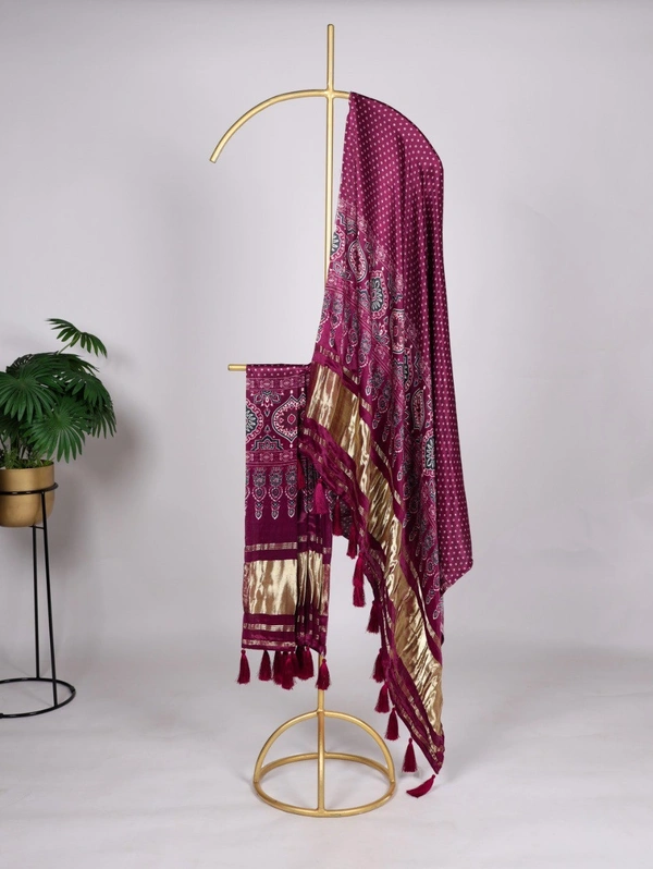 Azorte Fashion Bandhej Print Pure Gaji Silk Dupatta with Tassels - CMT
