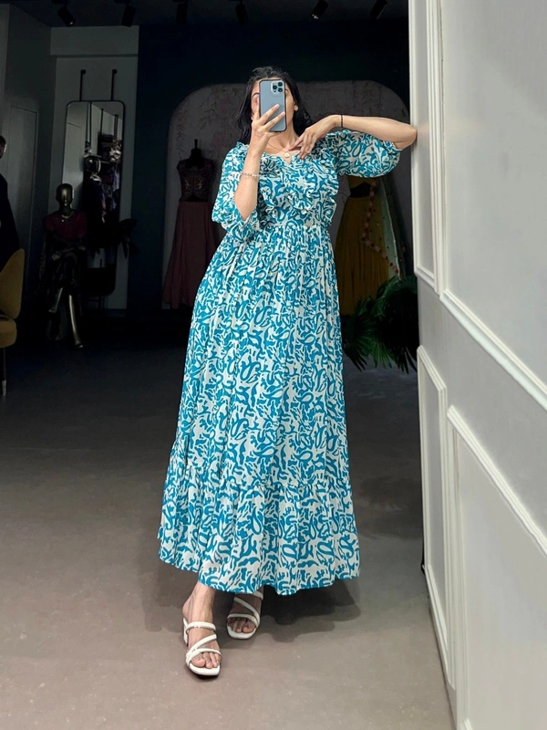Azorte Fashion Summer-Ready Georgette Printed Frock with 4 Meter Flair - DEP, Chest: 40" (with 2" extra margin, adjustable up to 42")
