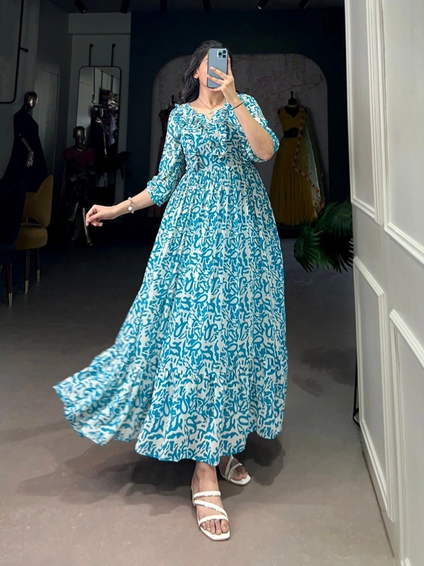 Azorte Fashion Summer-Ready Georgette Printed Frock with 4 Meter Flair - DEP, Chest: 40" (with 2" extra margin, adjustable up to 42")