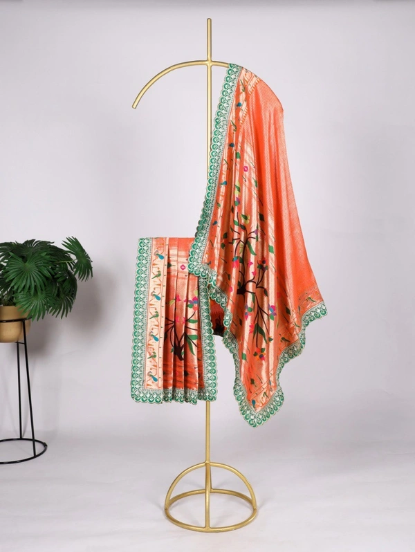 Azorte Fashion  Paithani Jacquard Silk Dupatta with Zari Weaving & Sequins Embroidery Border - FLG