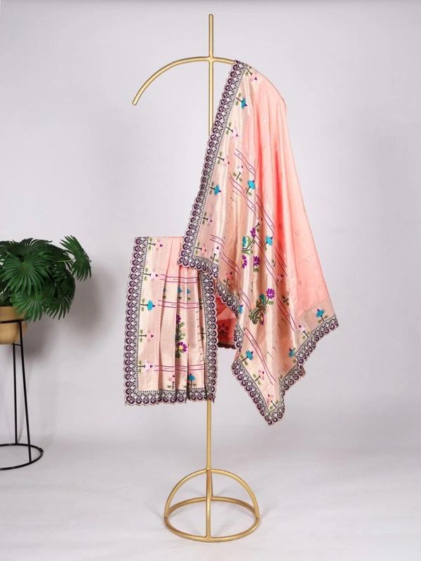 Azorte Fashion  Paithani Jacquard Silk Dupatta with Zari Weaving & Sequins Embroidery Border - ROM