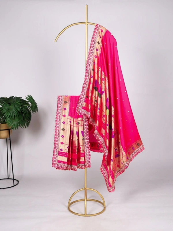 Azorte Fashion  Paithani Jacquard Silk Dupatta with Zari Weaving & Sequins Embroidery Border - RED
