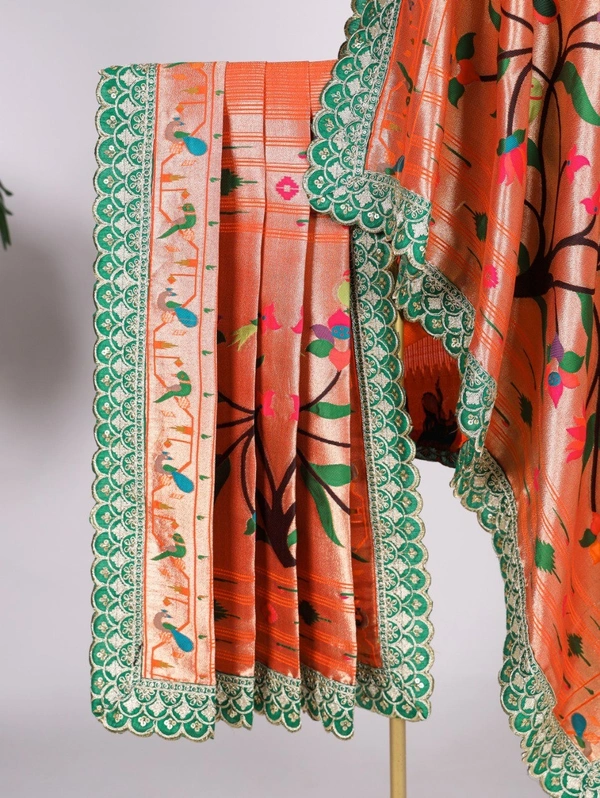 Azorte Fashion  Paithani Jacquard Silk Dupatta with Zari Weaving & Sequins Embroidery Border - FLG