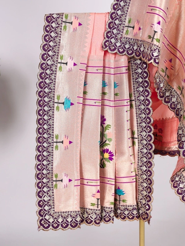 Azorte Fashion  Paithani Jacquard Silk Dupatta with Zari Weaving & Sequins Embroidery Border - ROM