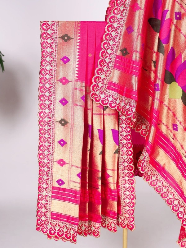 Azorte Fashion  Paithani Jacquard Silk Dupatta with Zari Weaving & Sequins Embroidery Border - RED