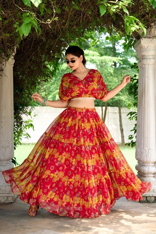 Azorte Fashion  Elegant Chiffon Floral Print Co-ord Set with Pearl Touch-Up - RNG, Stitched, Stitched