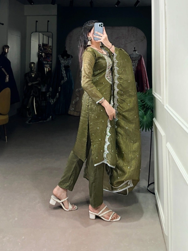 Azorte Fashion Ethnic Gold Crush Sequins Embroidered Dress Set – Earthy Tones, Royal Vibes - M(38)