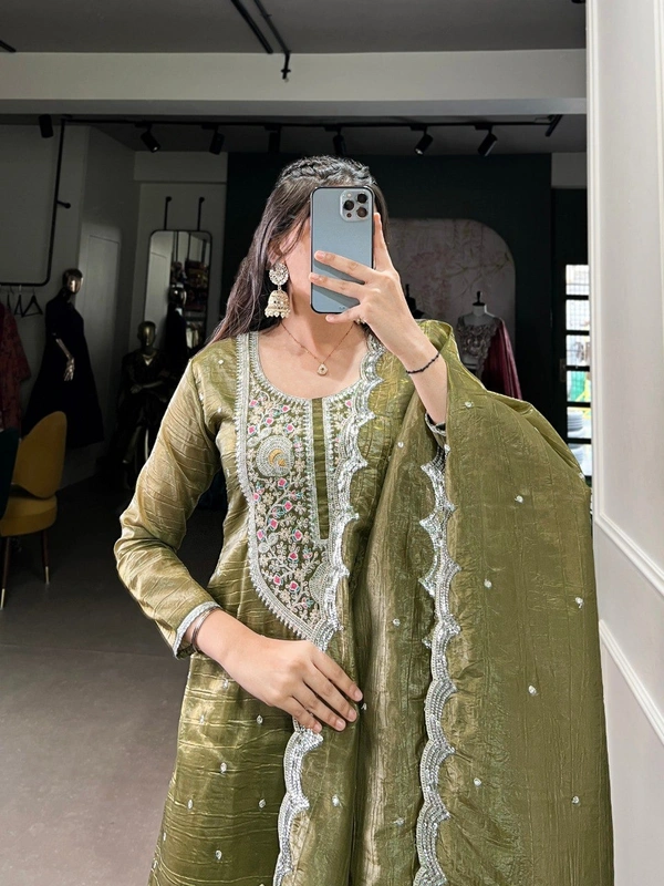 Azorte Fashion Ethnic Gold Crush Sequins Embroidered Dress Set – Earthy Tones, Royal Vibes - M(38)