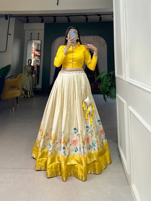 Azorte Fashion : Elegant Dola Silk Floral Print Lehenga Choli Set with Zari Border - YLW, Stitched, Stitched