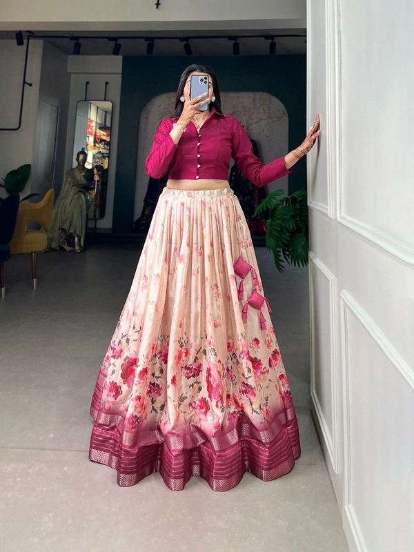 Azorte Fashion : Elegant Dola Silk Floral Print Lehenga Choli Set with Zari Border - NDZ, Stitched, Stitched