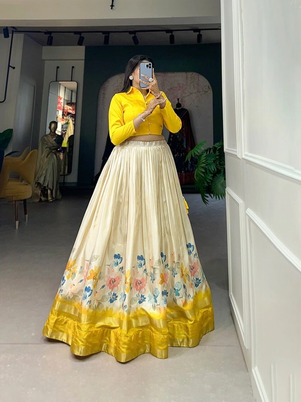 Azorte Fashion : Elegant Dola Silk Floral Print Lehenga Choli Set with Zari Border - YLW, Stitched, Stitched