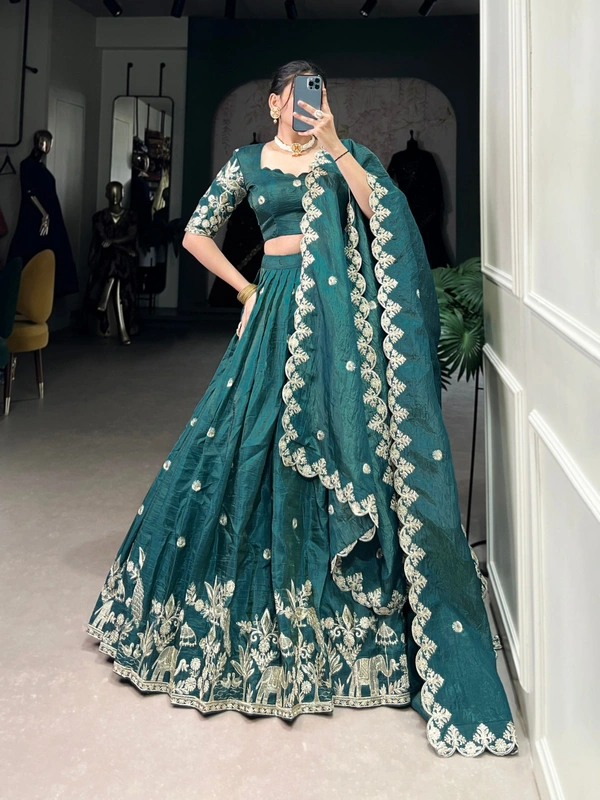 Azorte Fashion Gold Crush Embroidered Lehenga Choli with Dupatta – Shine Like a Queen - BLU, Stitched, Unstitched