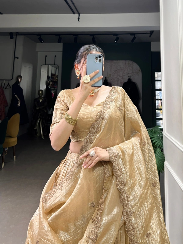 Azorte Fashion Gold Crush Embroidered Lehenga Choli with Dupatta – Shine Like a Queen - TUD, Stitched, Unstitched