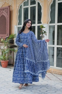 Azorte Fashion  Premium Pure Cotton Readymade Kurti Set with Pant & Dupatta – Full Sleeve, Fancy Neck Design - STP, XXL