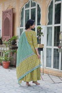 Azorte Fashion Pure Cotton Ready-to-Wear Kurti with Pant & Dupatta – Fancy V Neck, Full Sleeves - XXL